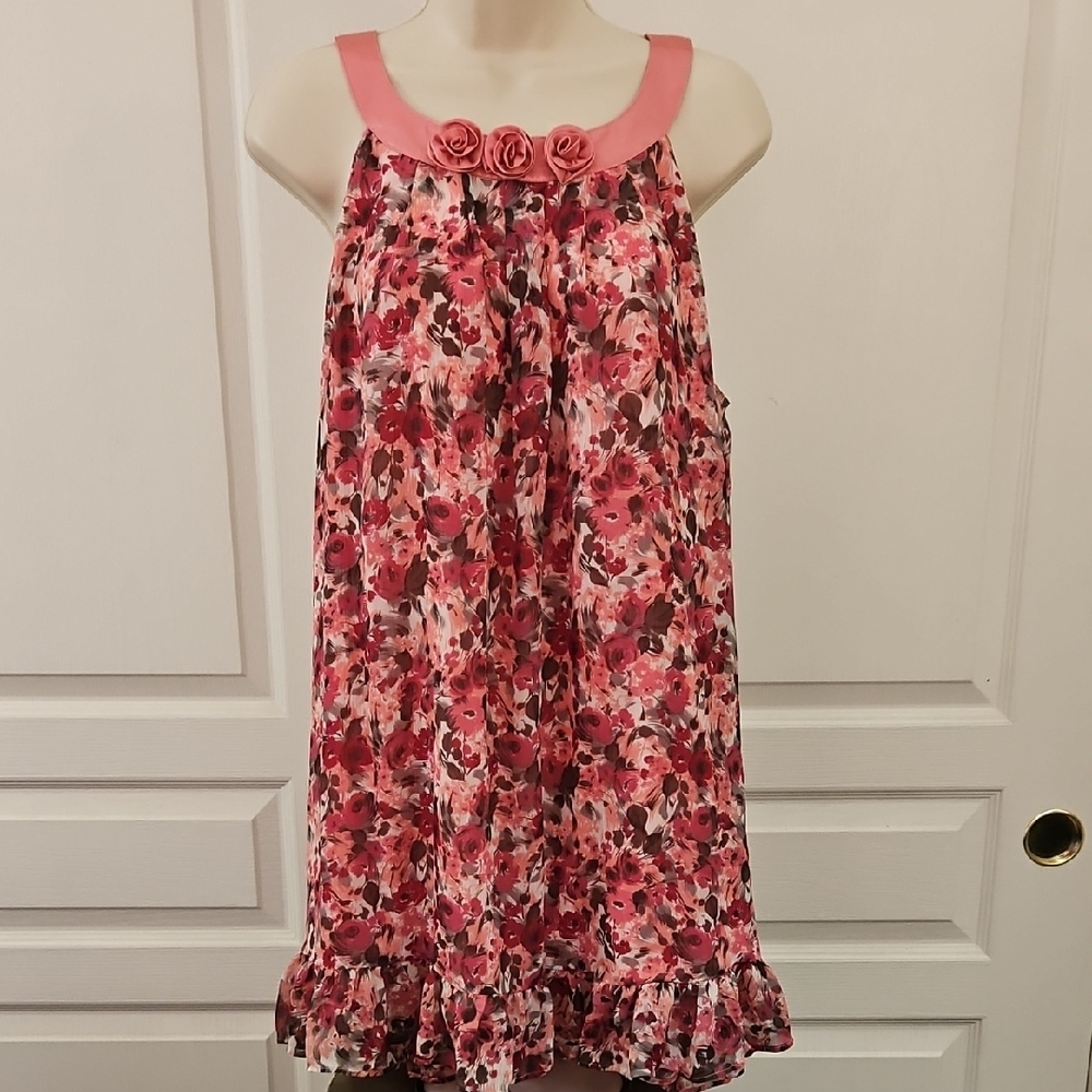 Elle Sleep | Pink Floral Sleeveless Ruffle Hem Rosette Neckline Chemsie Size L